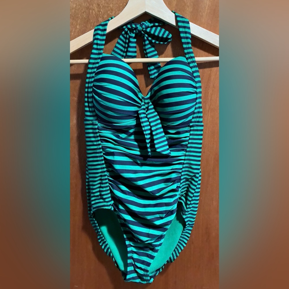 Merona Green and Black Striped Girls One-Piece Swimsuit